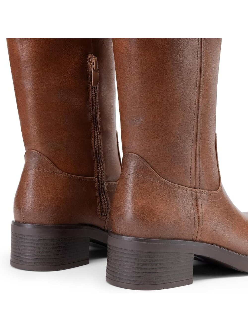 Women's Brown Faux Leather Square Toe Chunky Block Heel Knee High Riding Boots - Picture 6 of 6
